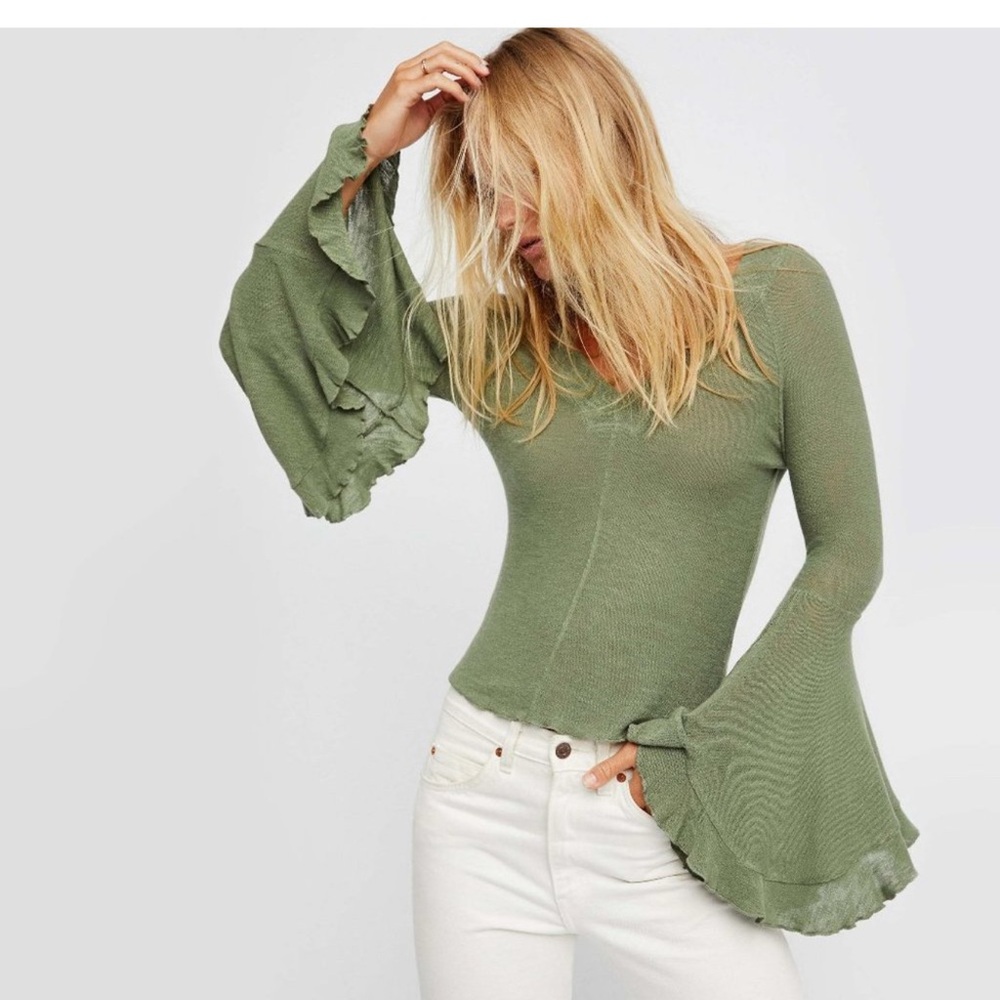 Free People Green Fitted Bell Sleeve Blouse